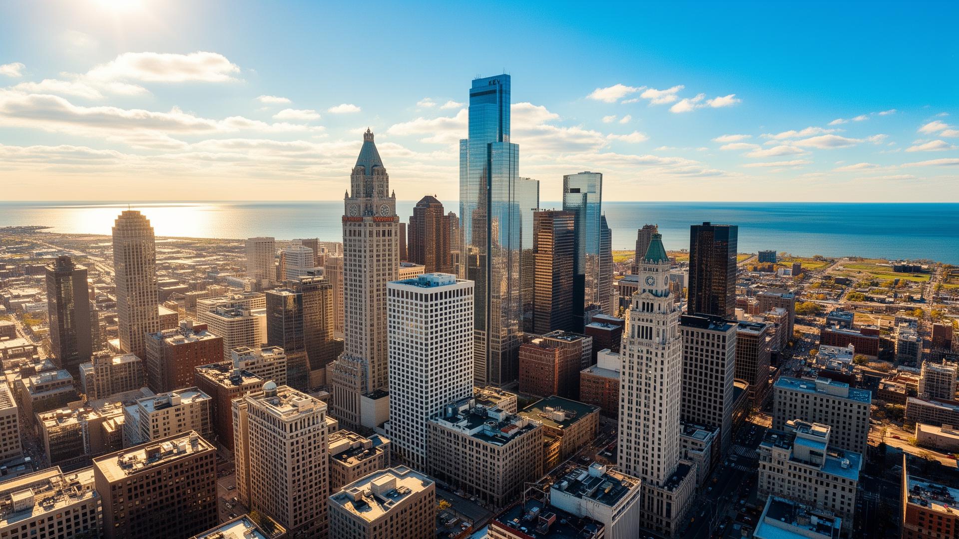 Aerial view of the Cleveland, Ohio skyline on a bright sunny day